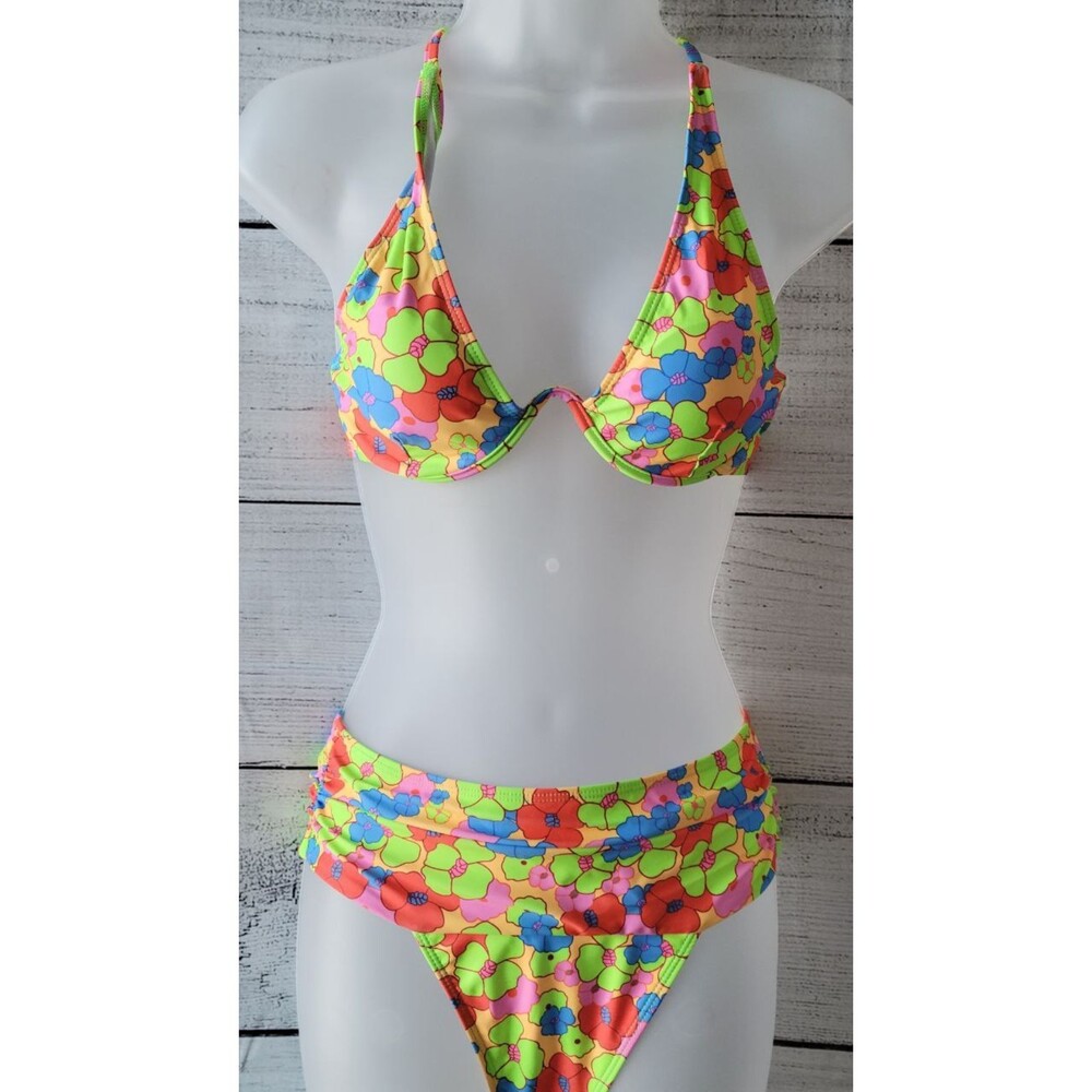 Vintage Bright Neon Floral Bikini Underwire Hi Cut Swimsuit Sz S